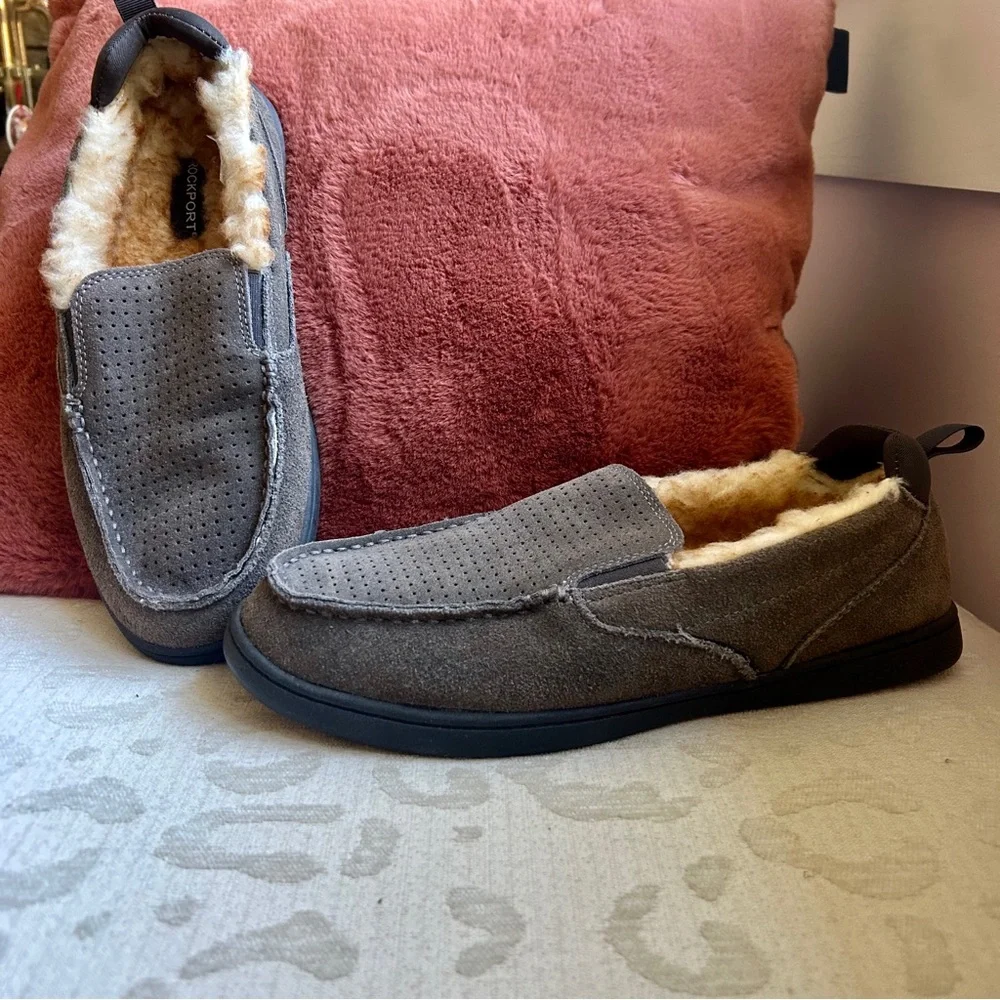 Rockport Gray Suede Leather Loafers with faux fur lining 10 M